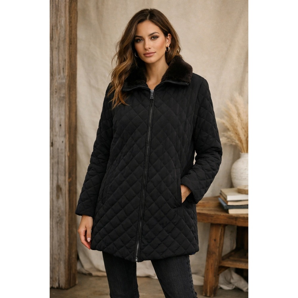 Andrew Marc New York Quilted Black Faux Fur Collar‎ Jacket Womens M City Chic